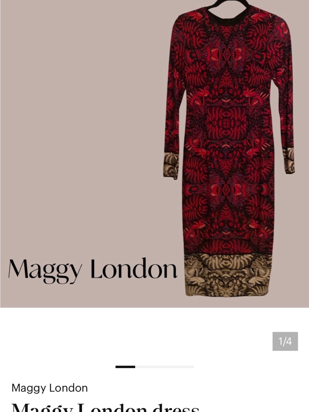 Maggy London Red, Black & Gold Patterned Long Sleeve Dress